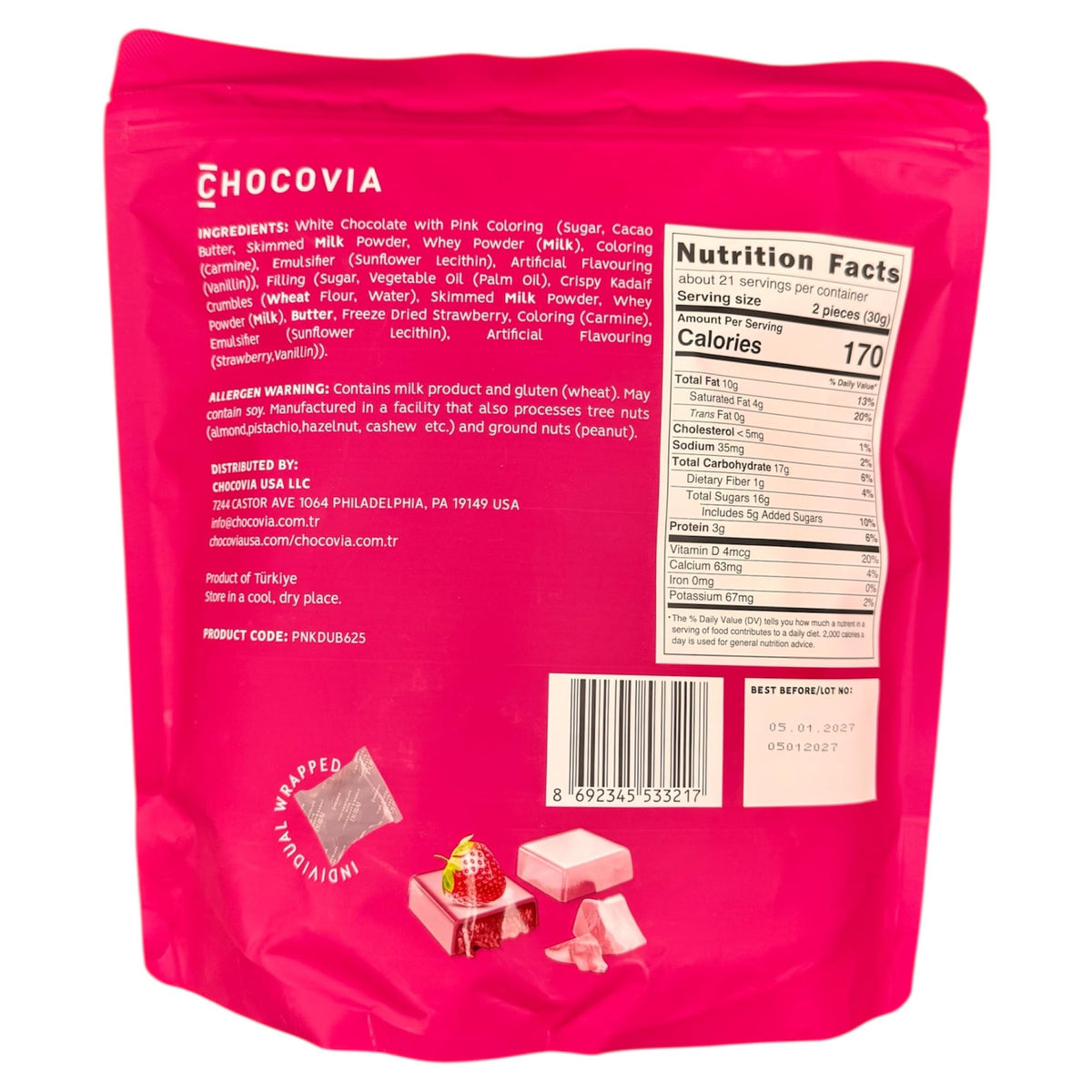 Chocovia pink chocolate strawberry-kadaif bite, showcasing crisp kadaif texture and strawberry filling.