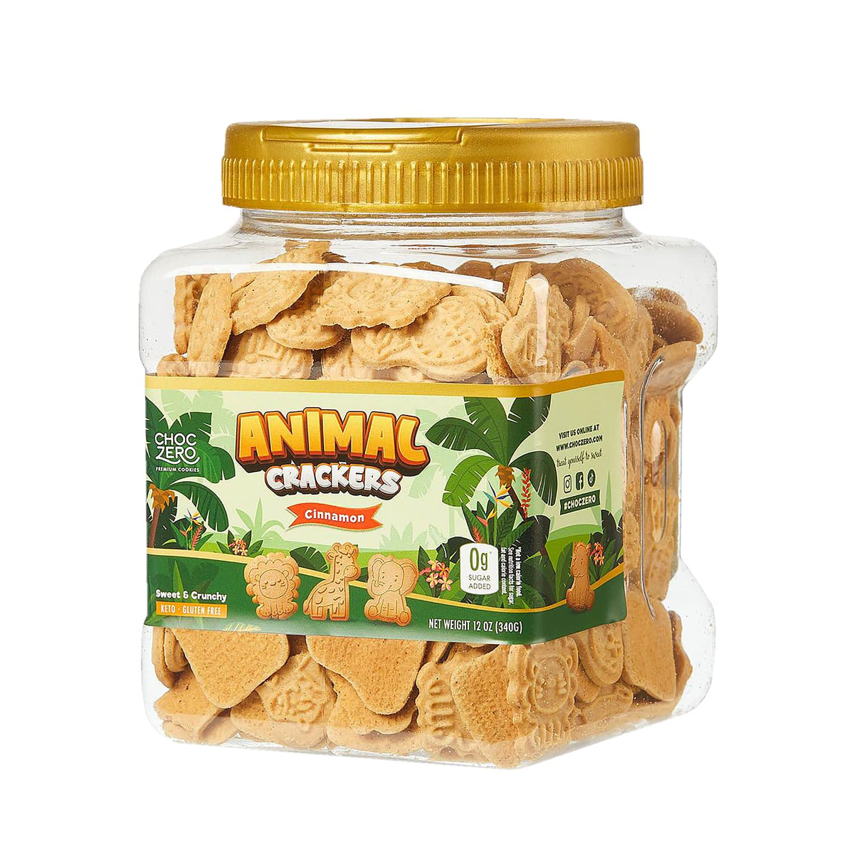 ChocZero Animal Crackers Cinnamon Cookies tub highlighting gluten-free, low-carb snack option