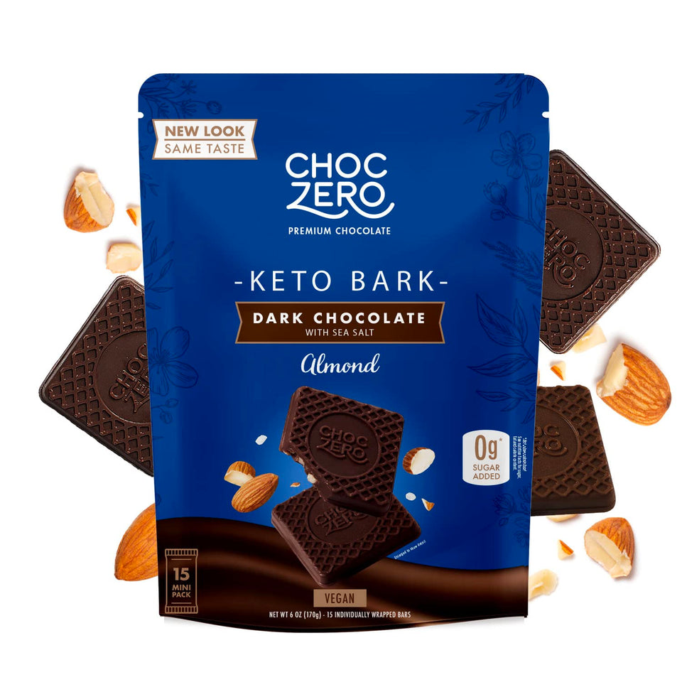 ChocZero dark chocolate bark with almonds and sea salt; keto-friendly low-sugar treat