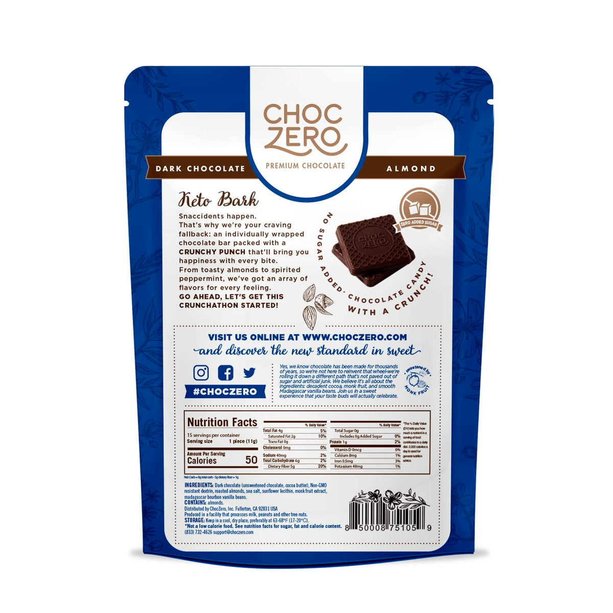 ChocZero keto bark close-up with almonds; rich texture and fiber-friendly snack