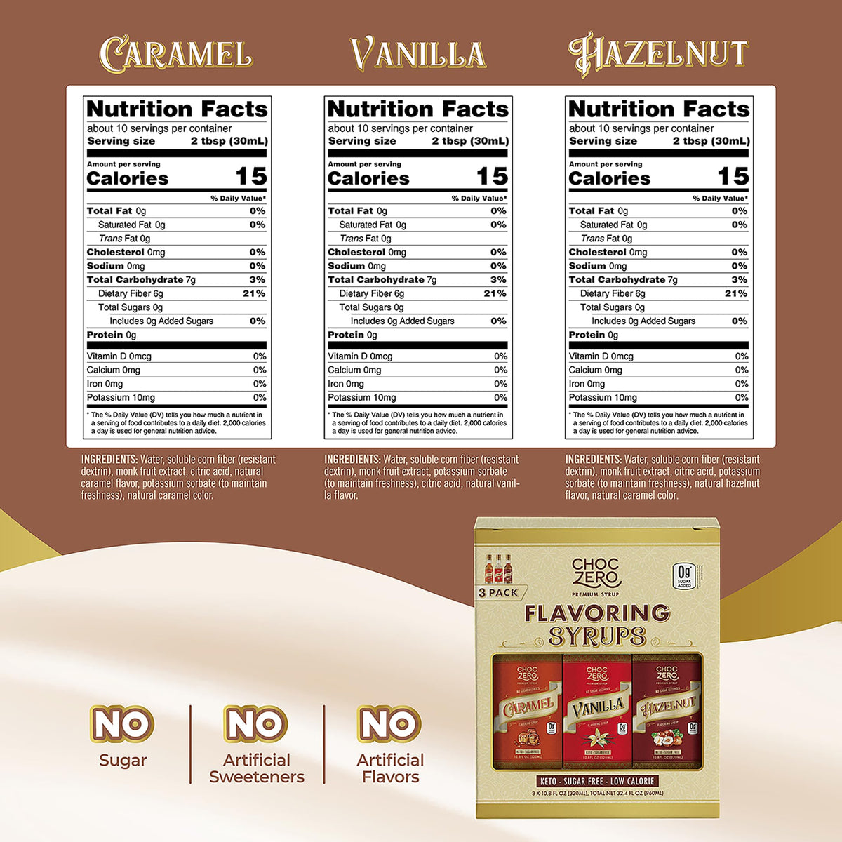 ChocZero caramel coffee syrup bottle delivers smooth sweetness without sugar alcohols, great for daily coffee.