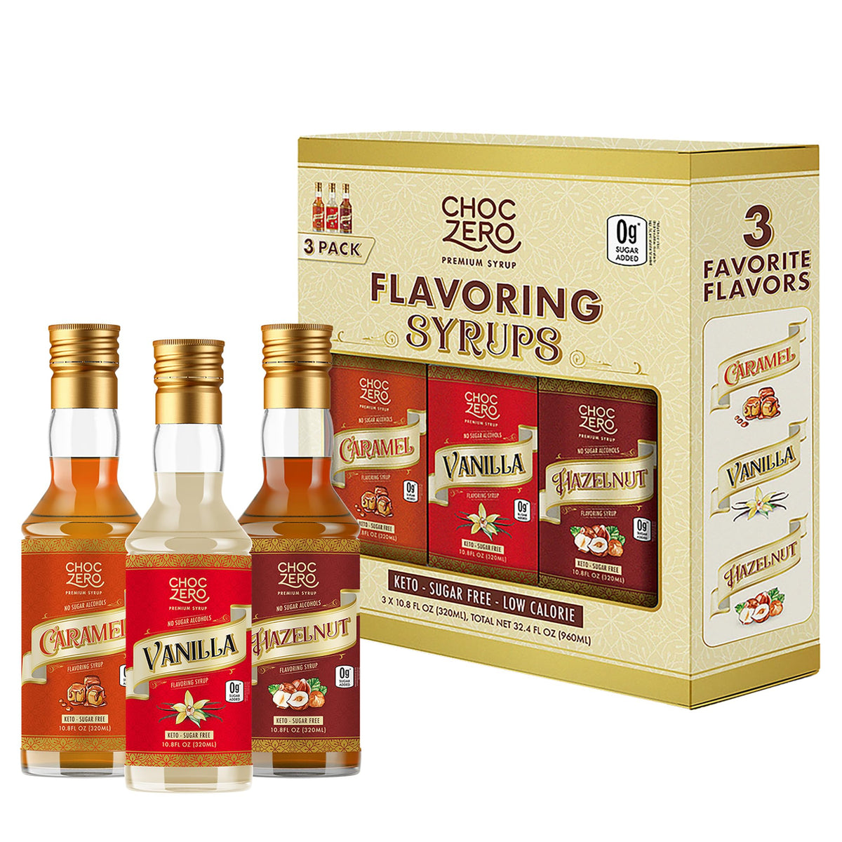 ChocZero vanilla coffee syrup bottle adds rich flavor with monk fruit sweetness, ideal for keto coffee.