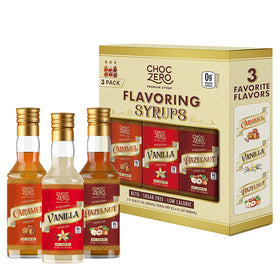 ChocZero vanilla coffee syrup bottle adds rich flavor with monk fruit sweetness, ideal for keto coffee.