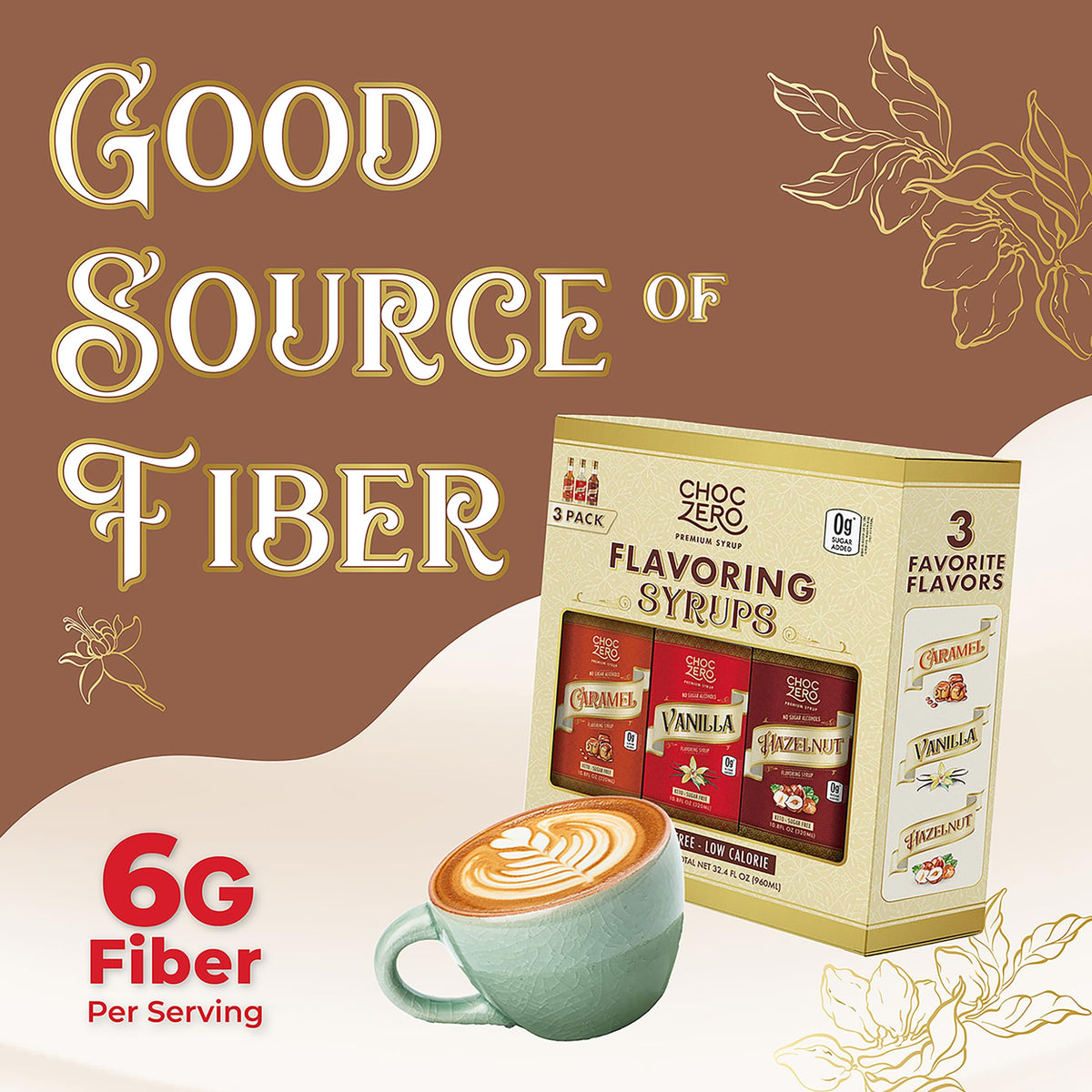 ChocZero sugar-free coffee syrup variety pack front shows three flavors, perfect for tasting and customizing.