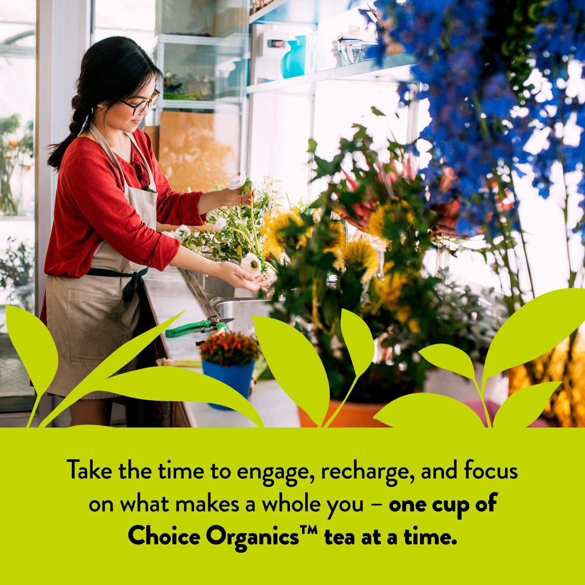 Choice Organic Jasmine Green Tea carton with recycled material symbol, sustainable sourcing