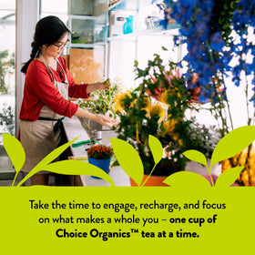 Choice Organic Jasmine Green Tea carton with recycled material symbol, sustainable sourcing