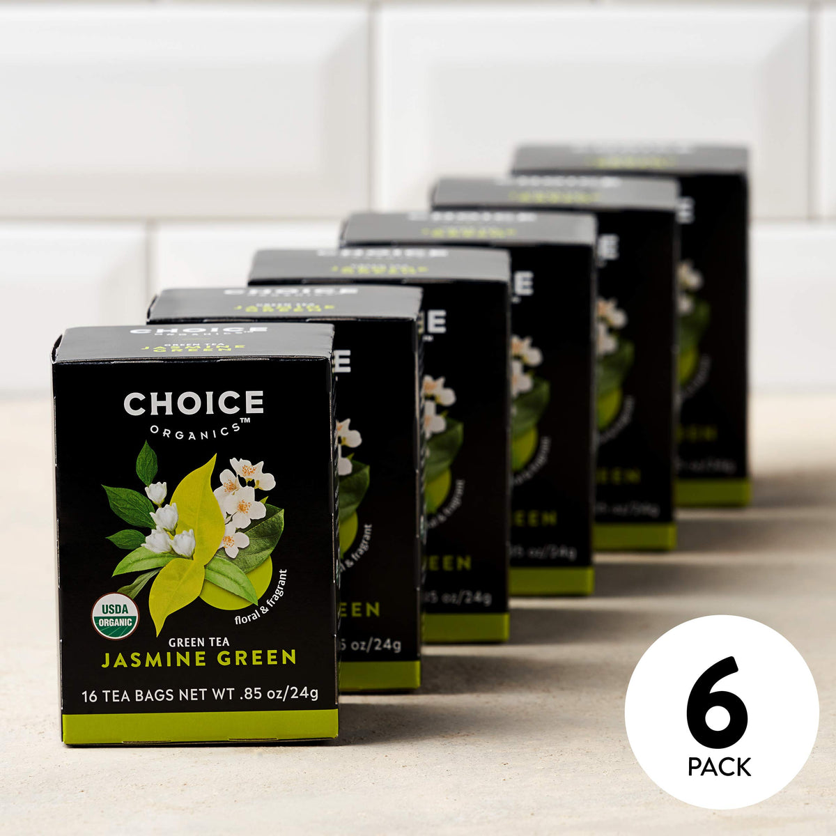 Choice Organic Jasmine Green Tea packaging with compostable tea bags, eco-friendly choice
