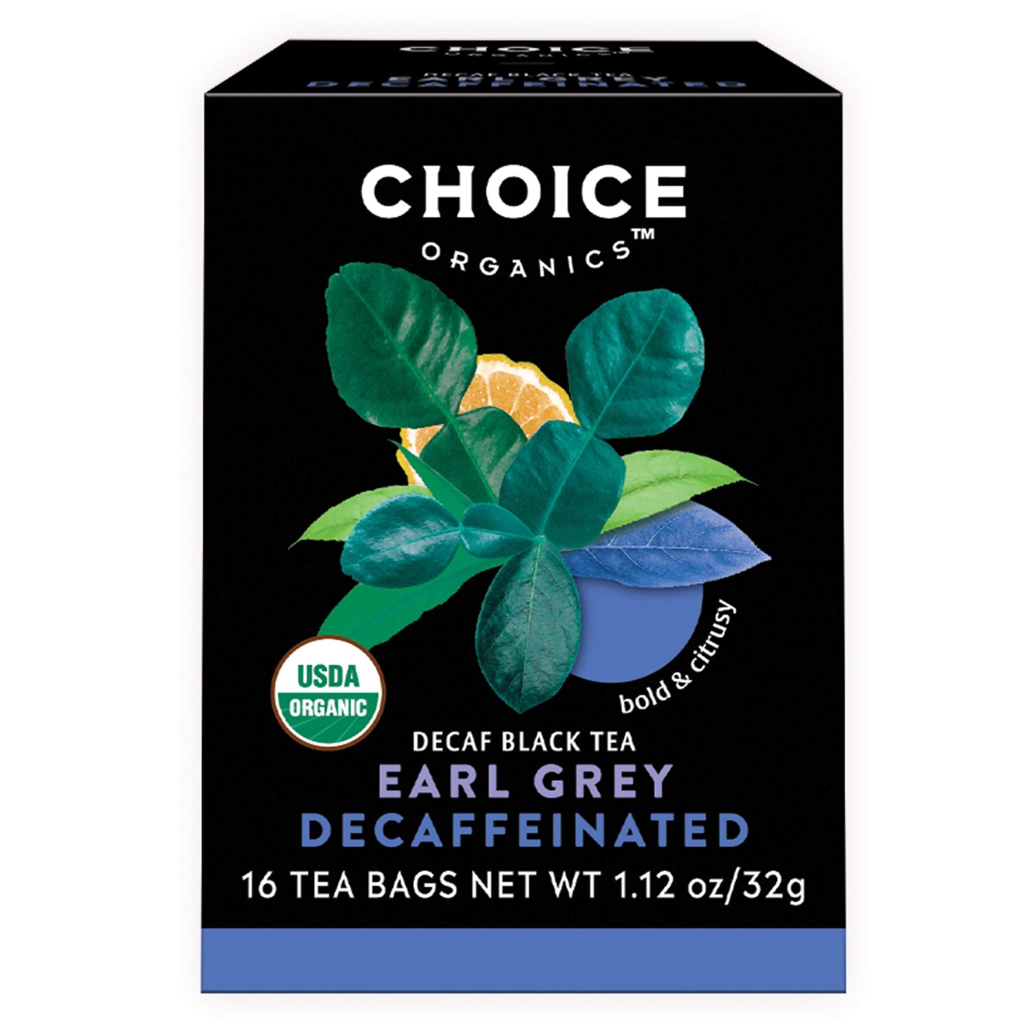 Choice Organic Teas decaffeinated Earl Grey tea bags with bergamot for a soothing option.