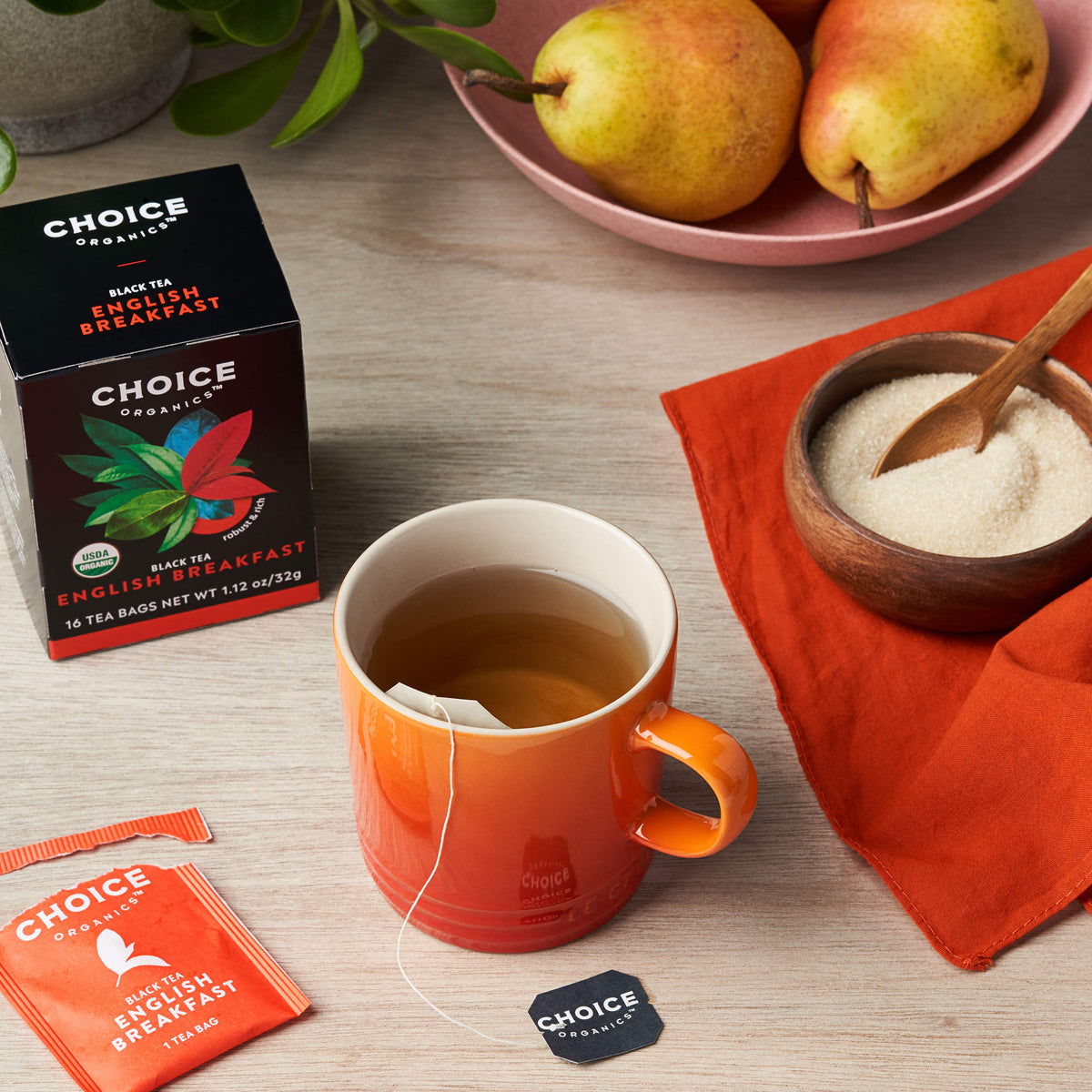 Choice Organic English Breakfast tea bags showing compostable design for eco-friendly brewing