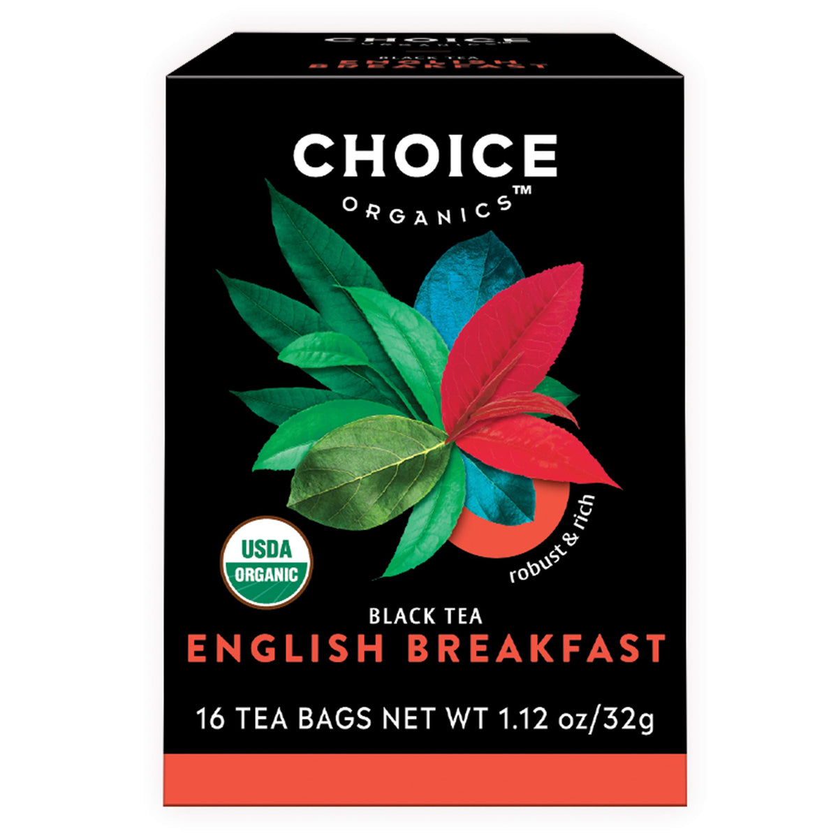 Choice Organic Teas English Breakfast box highlighting sustainable packaging