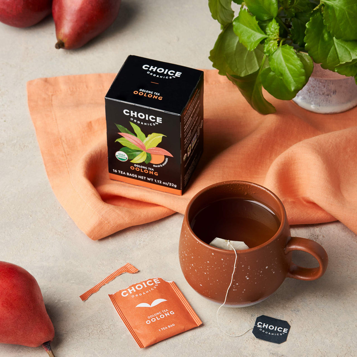 Choice Organic Teas Oolong with Fair Trade label emphasizes ethical sourcing.
