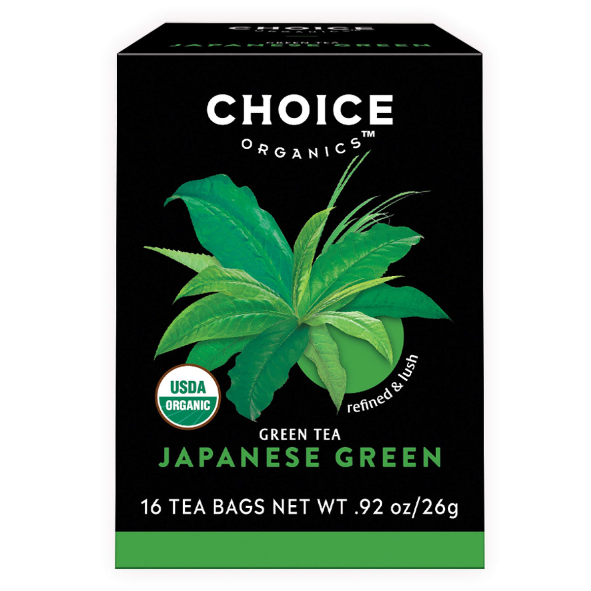 Choice Organic Teas Japanese Green Tea packaging with compostable bags for eco-conscious use