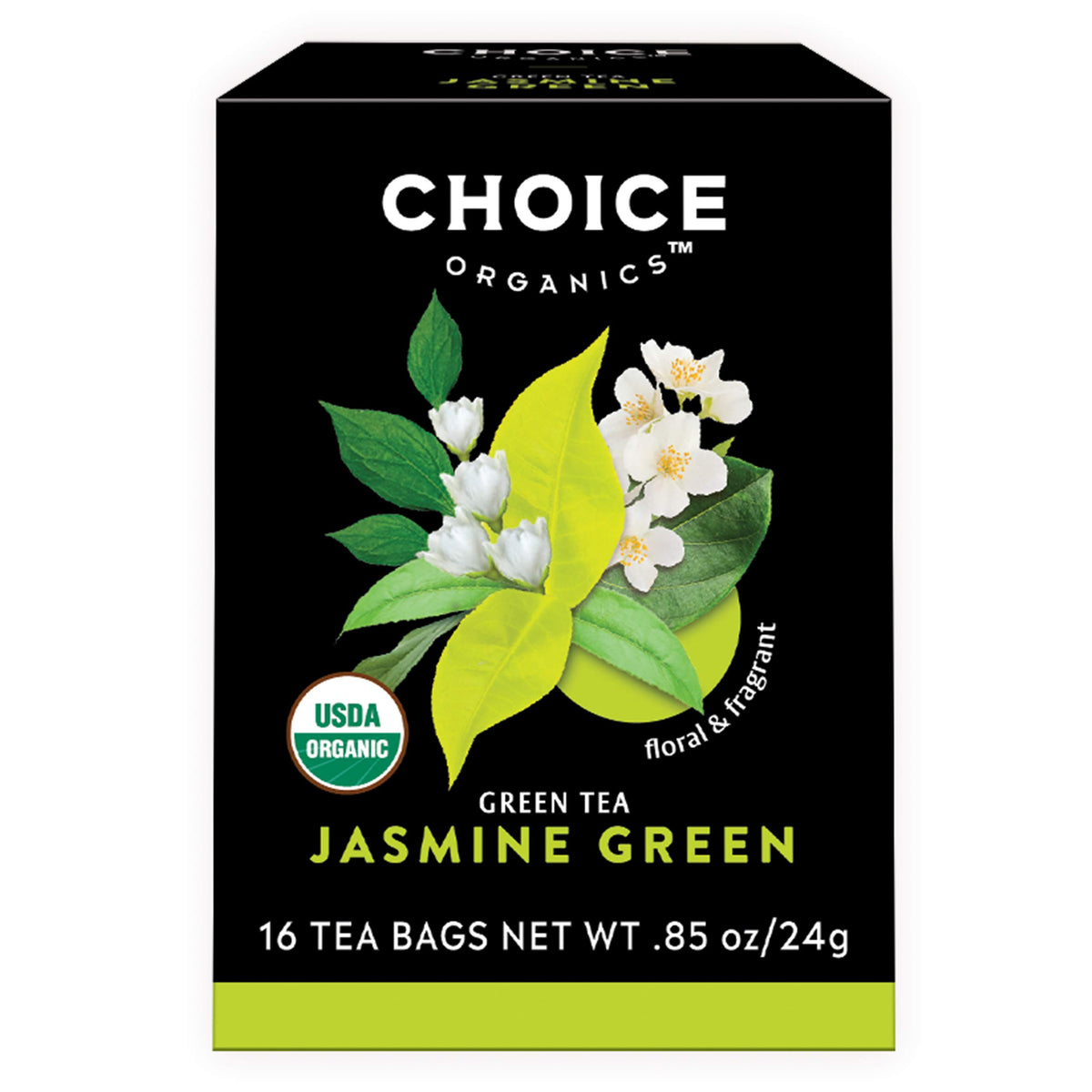 Choice Organic Teas Jasmine Green Tea bags in a box, eco-friendly packaging for sustainability