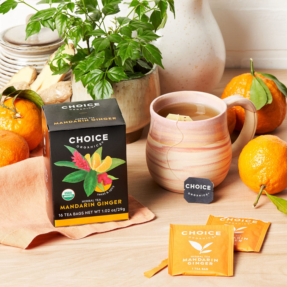 Close-up aroma of Mandarin Ginger from Choice Organic Teas, citrus and honeybush notes