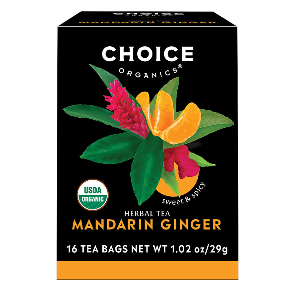 Choice Organic Teas Mandarin Ginger tea bags show citrus-ginger blend for a comforting cup