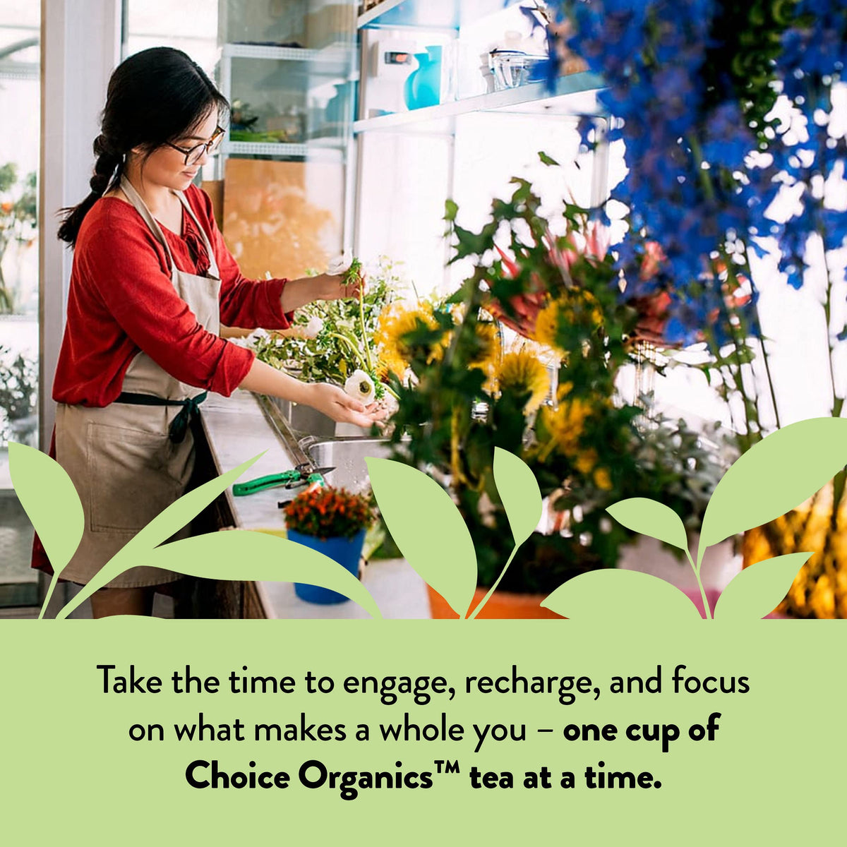 Choice Organic Teas Mint Sage Tea cup with steam conveys caffeine-free comfort.