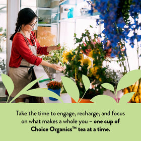 Choice Organic Teas Mint Sage Tea cup with steam conveys caffeine-free comfort.