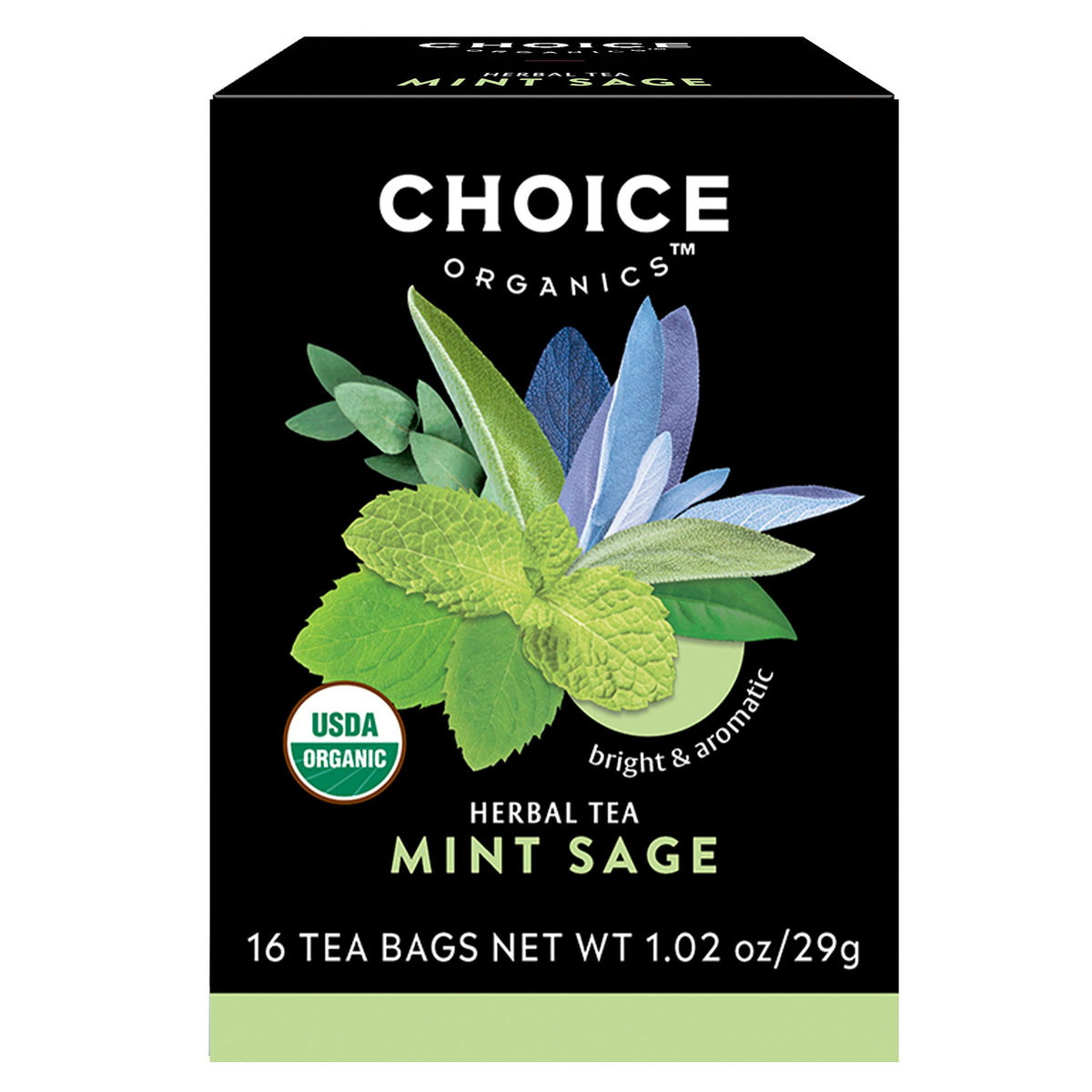 Choice Organic Teas Mint Sage Tea tea bags in a 3-pack with mint aroma.