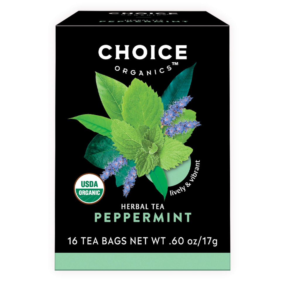 Choice Organic Teas Peppermint tea box and bags showing compostable packaging for planet-friendly brewing.
