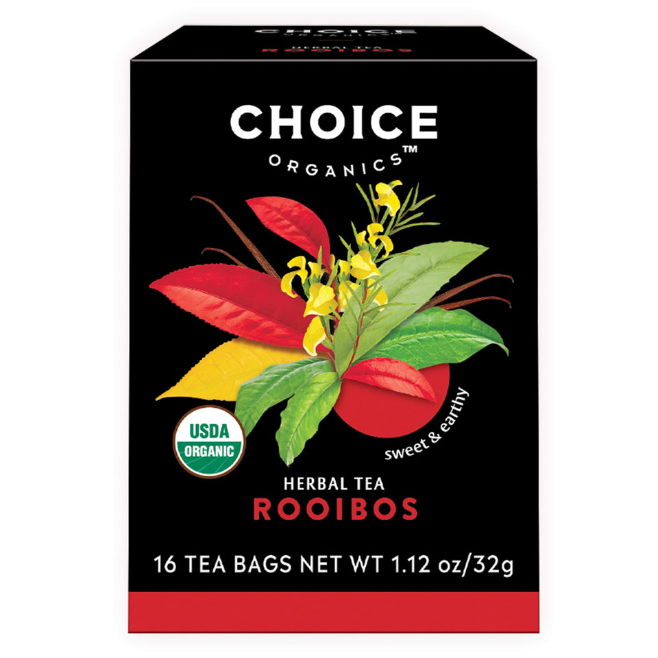 Choice Organic Teas Rooibos tea packaging showcases compostable bags for eco-conscious brewing.