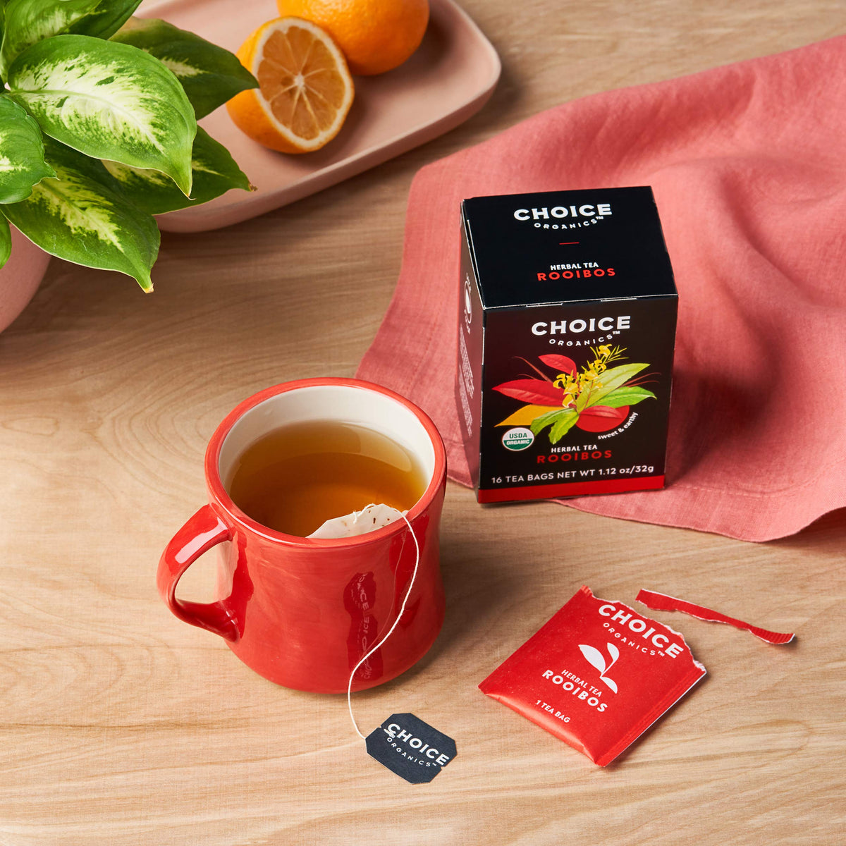 Choice Organic Teas Rooibos tea fair trade label signals ethical sourcing and flavor.