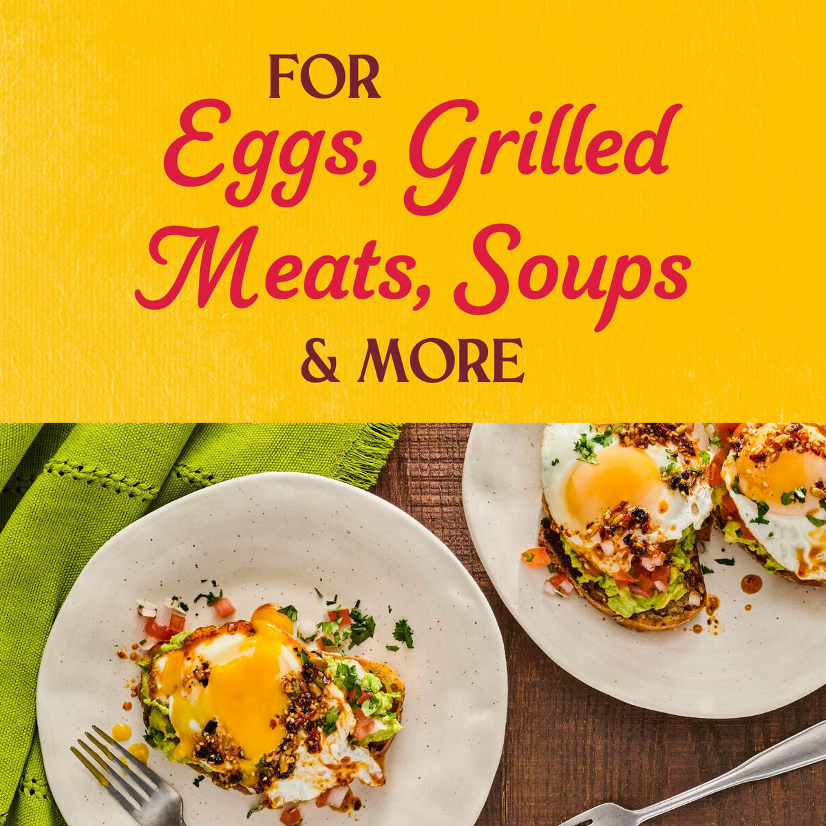 Eggs topped with Cholula Chili Crisp for savory brightness.