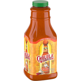 Cholula Chili Garlic Hot Sauce bottle, 64 oz, ideal for bulk kitchen use.