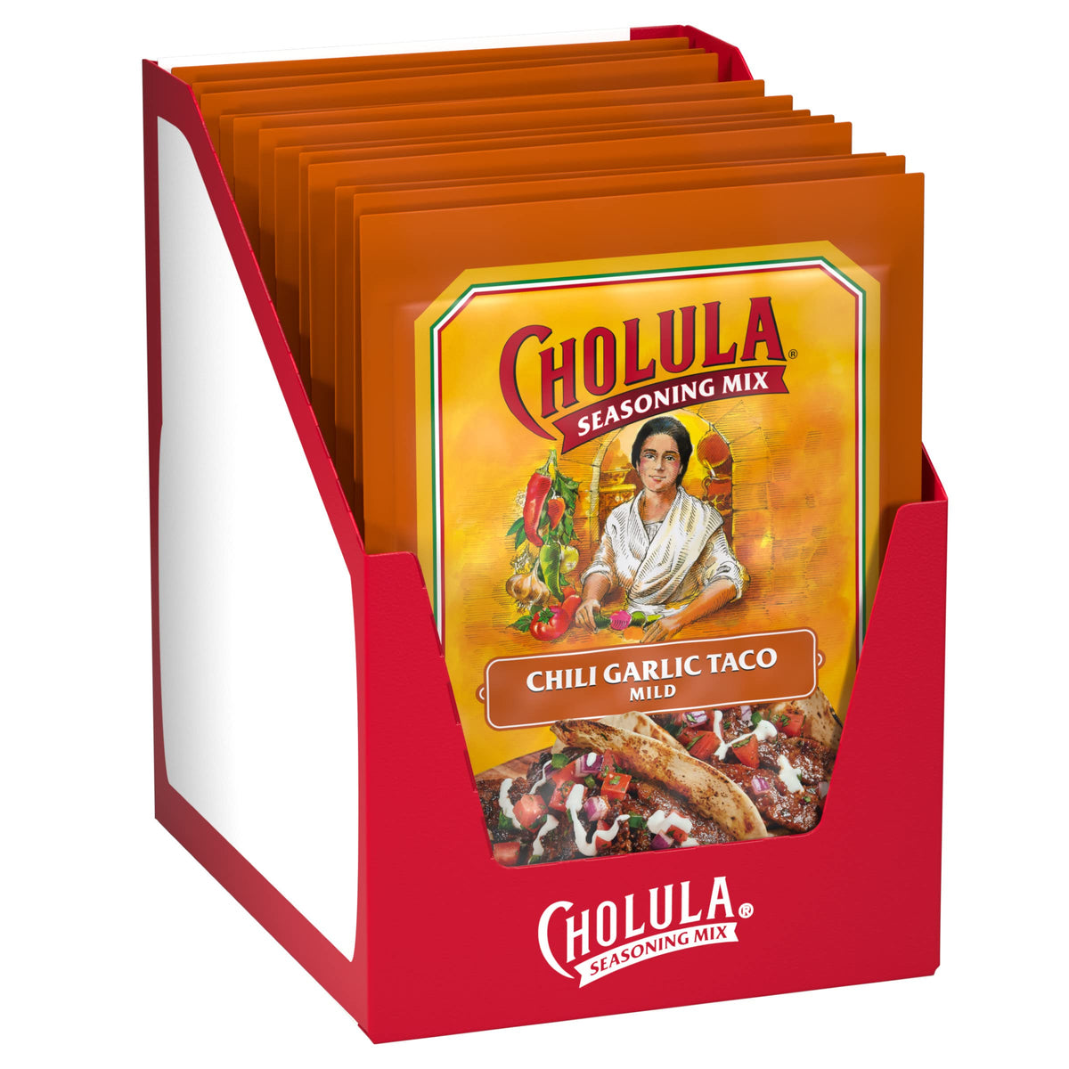 Cholula Chili Garlic Taco Seasoning bottle highlighting mild heat for family meals.