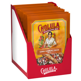 Cholula Chili Garlic Taco Seasoning bottle highlighting mild heat for family meals.