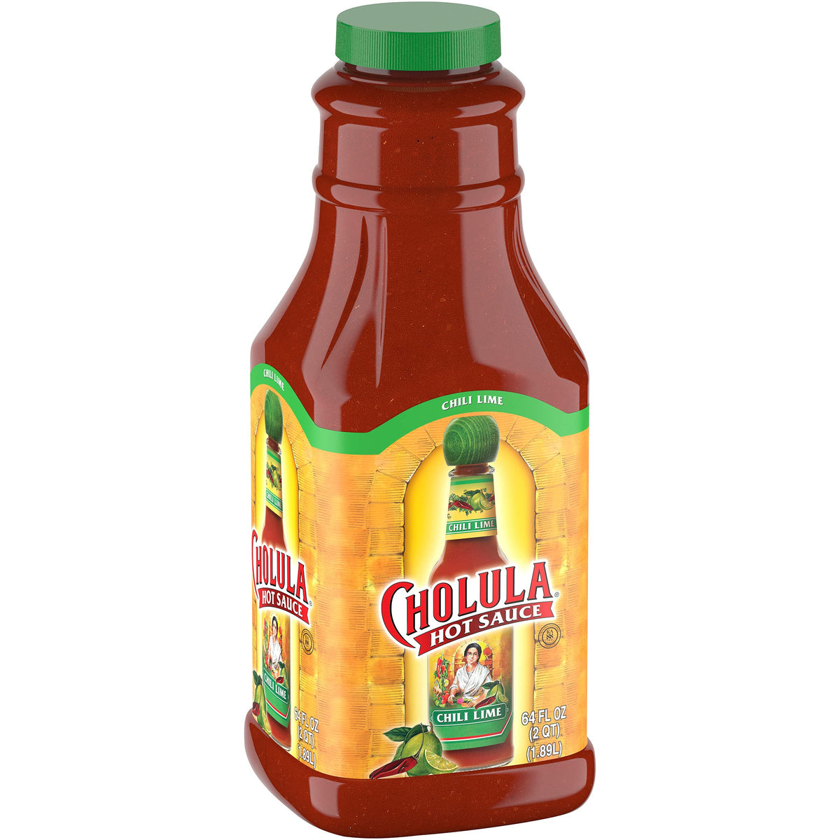Cholula Chili Lime hot sauce bottle showing 64 oz size and bright lime tang