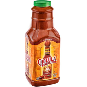 Cholula Chipotle 64 oz bottle with pour, showcasing smoky flavor for wings.