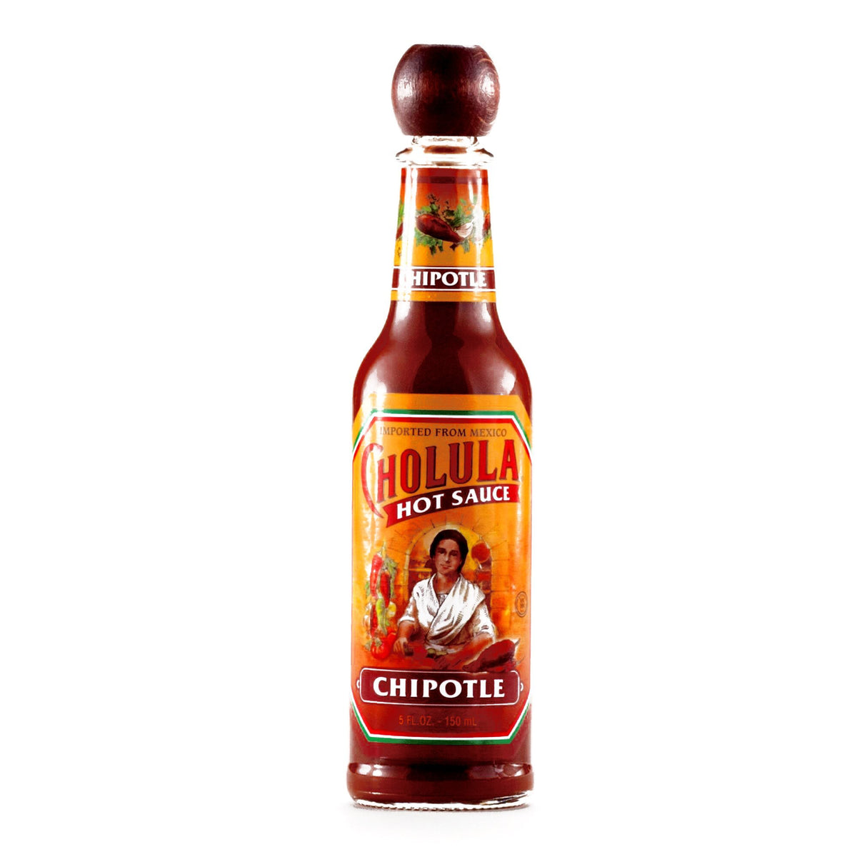Cholula Chipotle hot sauce bottle adds smoky flavor to tacos and eggs.