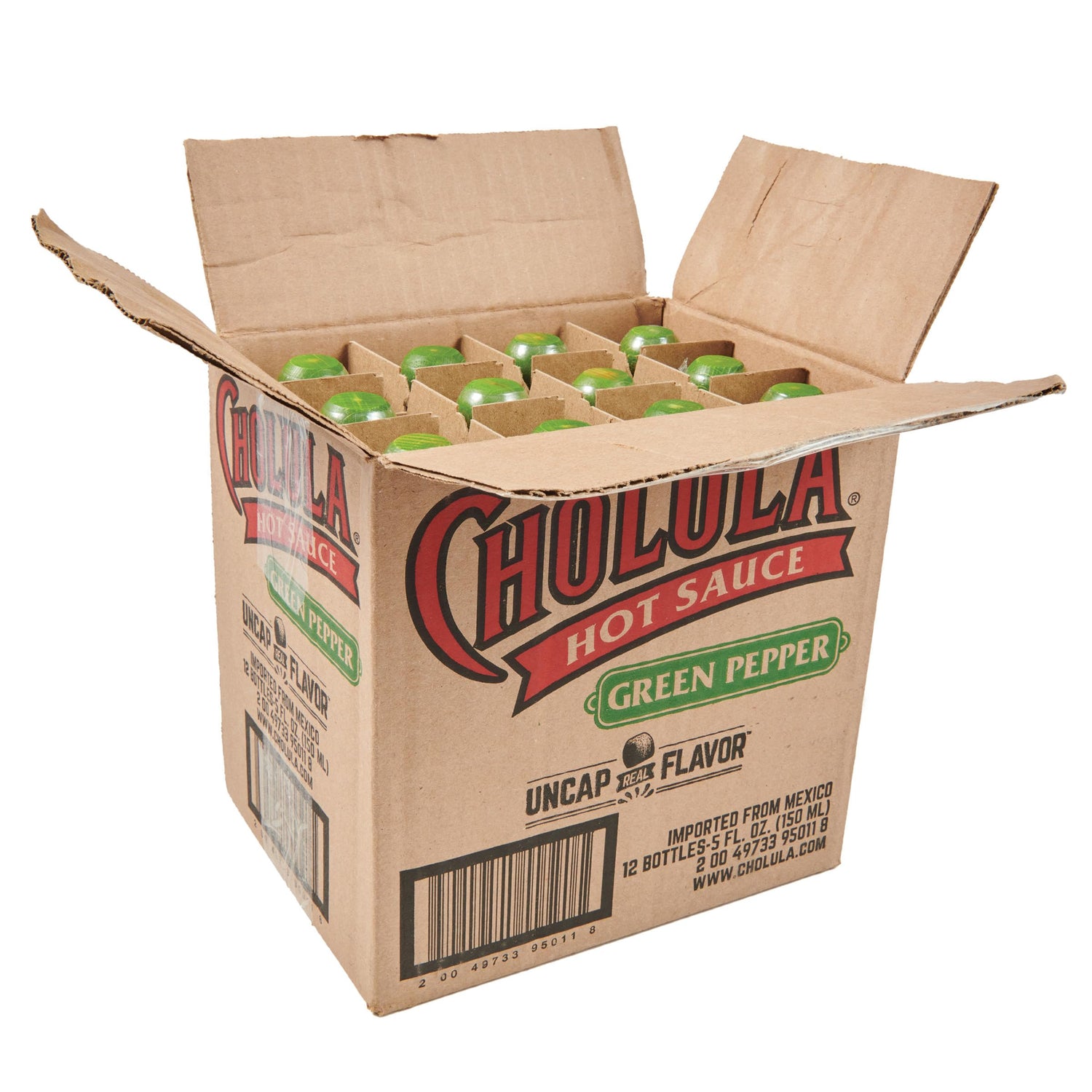 Cholula Green Pepper Hot Sauce bottle front view boosts flavor on eggs and marinades.