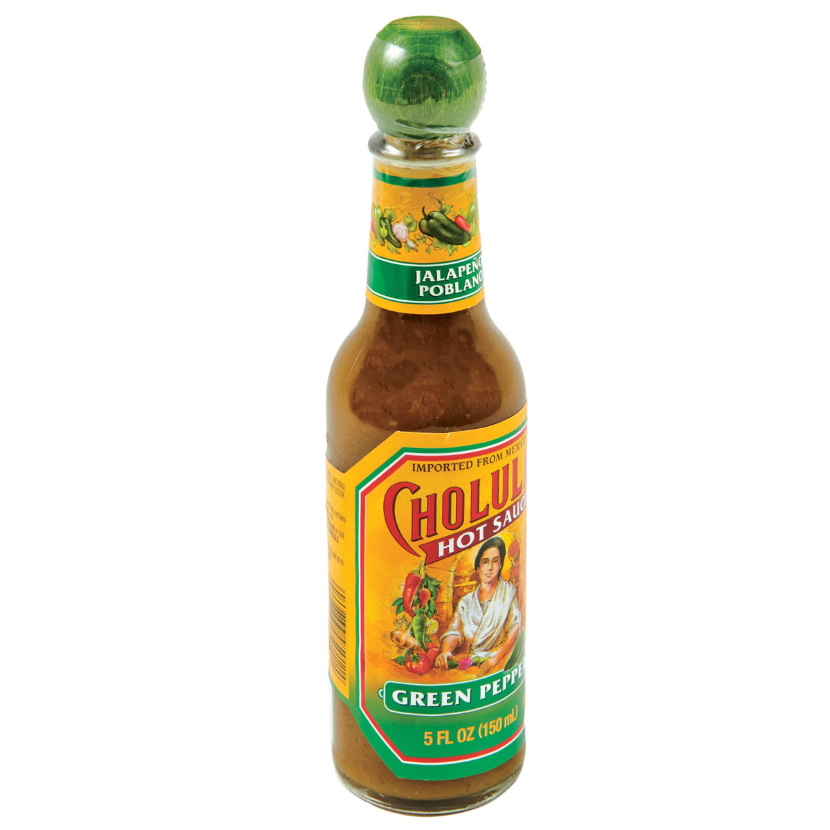 Cholula Green Pepper bottle side profile showing versatile medium heat.