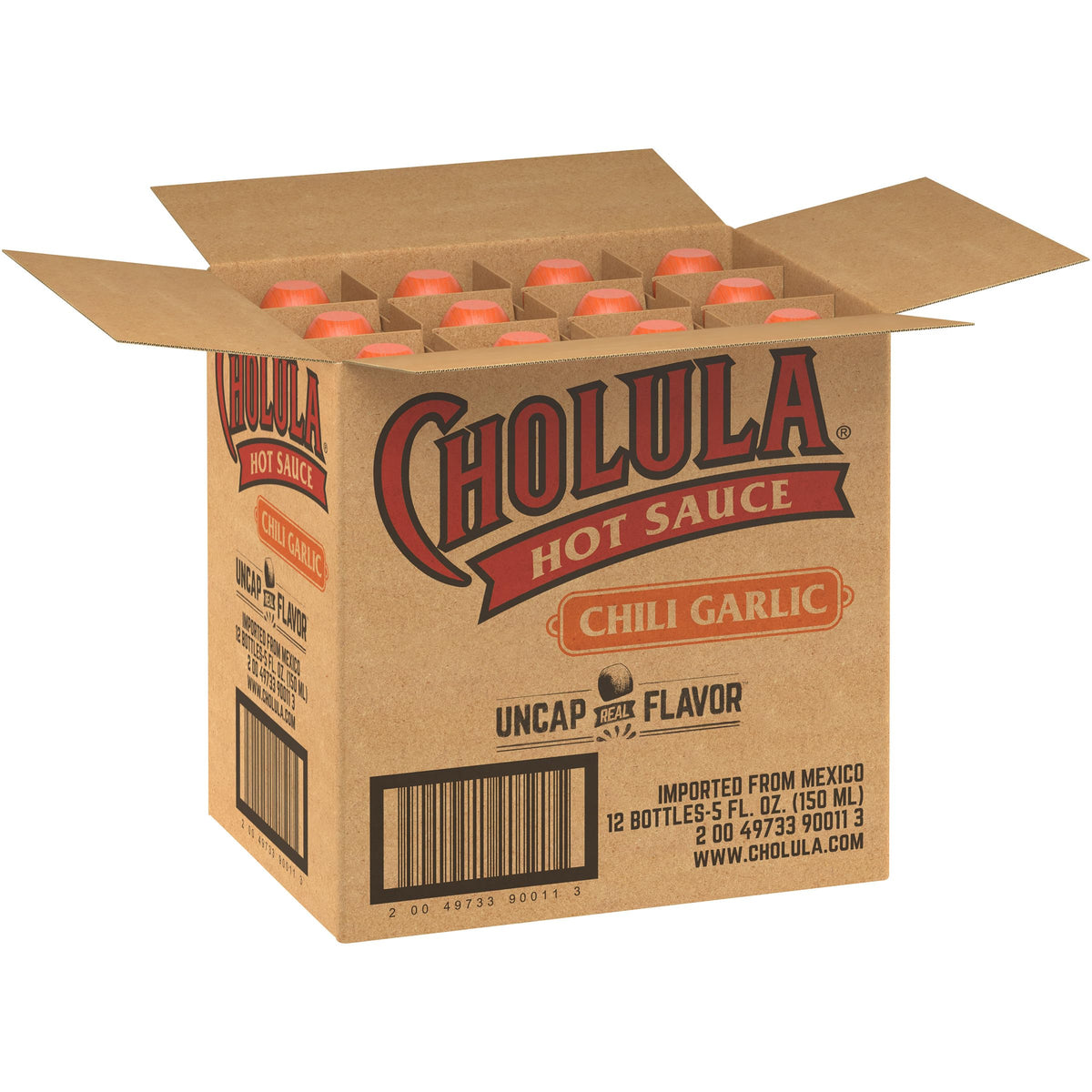 Cholula Hot Sauce Chili Garlic bottle close-up for bold flavor.