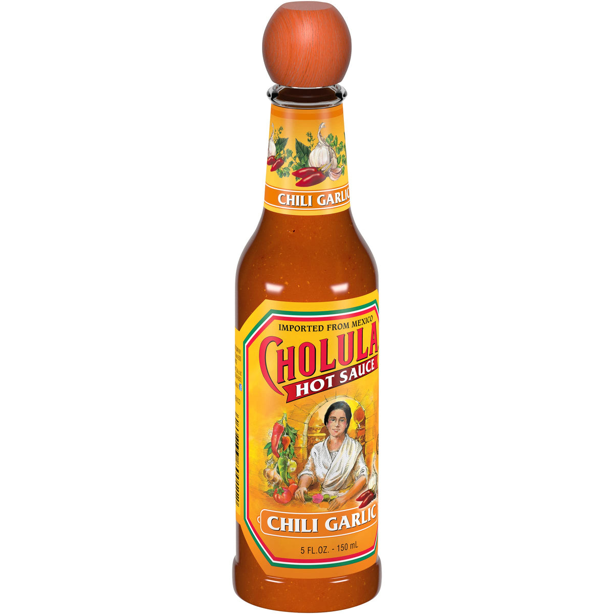 Cholula Hot Sauce Chili Garlic being poured for quick seasoning.