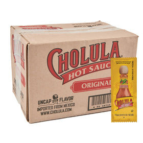 Cholula Original Hot Sauce packets in a box, ideal for high-volume orders.