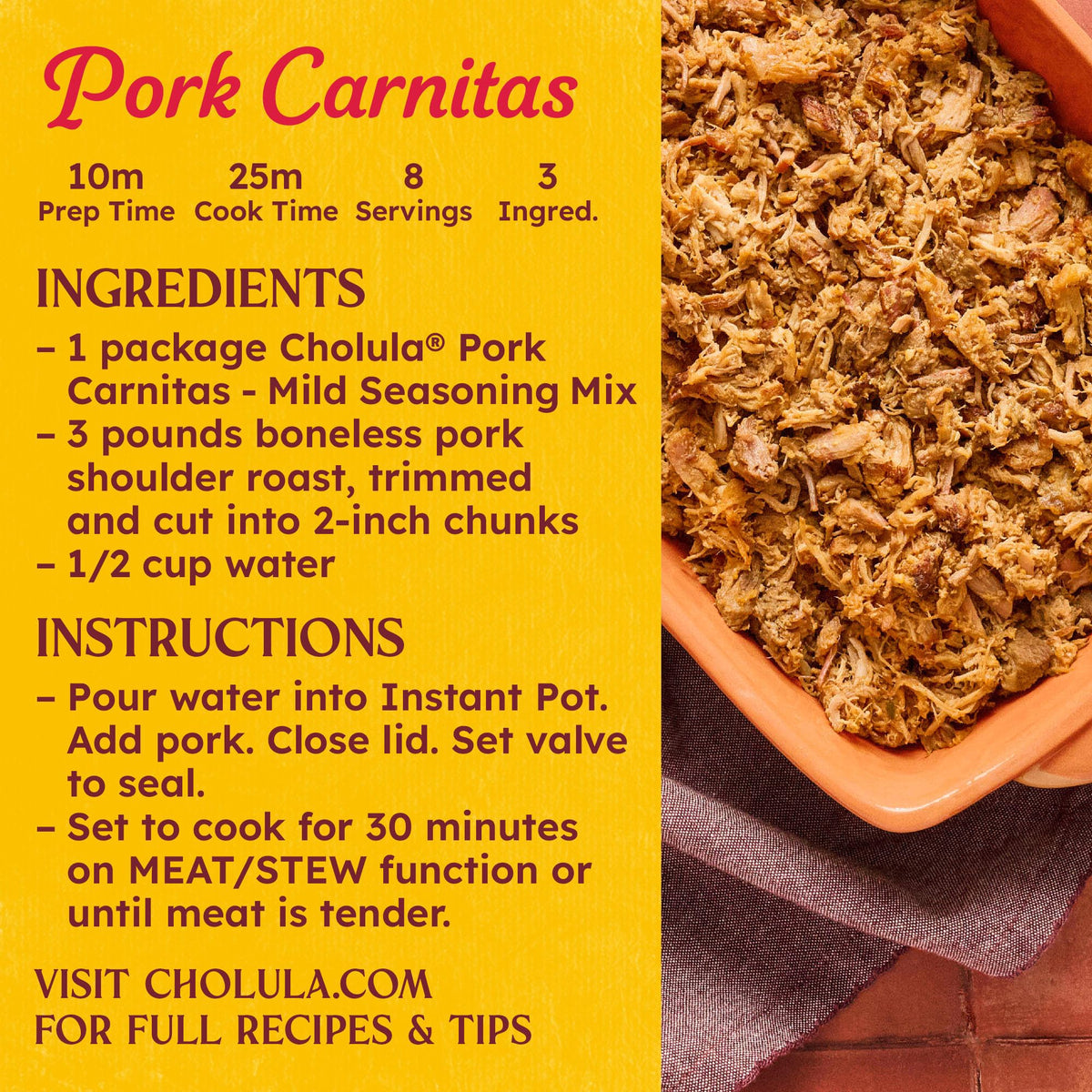 Cholula Pork Carnitas garnish with lime and avocado ideas