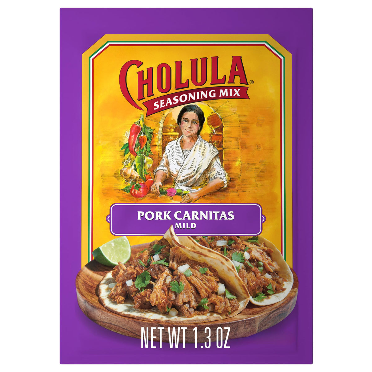 Cholula Pork Carnitas seasoning blend in use on shredded pork for tacos