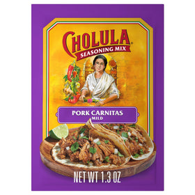 Cholula Pork Carnitas seasoning blend in use on shredded pork for tacos