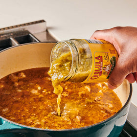 Cholula Salsa Verde six-pack on the kitchen counter.