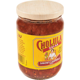 Cholula Smoky Chipotle Salsa in a dip bowl with tortilla chips for dipping.