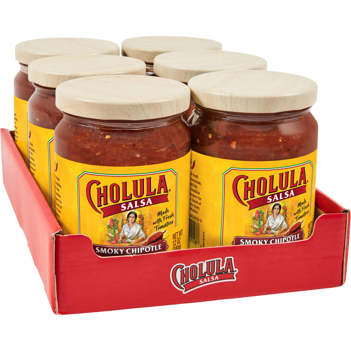 Cholula Smoky Chipotle Salsa jar front ready for taco night.