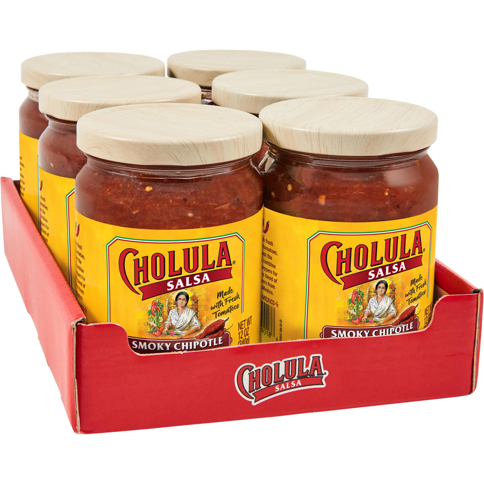 Cholula Smoky Chipotle Salsa jar front ready for taco night.