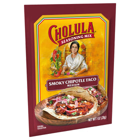 Cholula Smoky Chipotle Taco Seasoning Mix close-up shows premium peppers and spices.