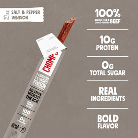 Chomps 10g protein venison snack emphasizes satisfying, lean protein between meals.