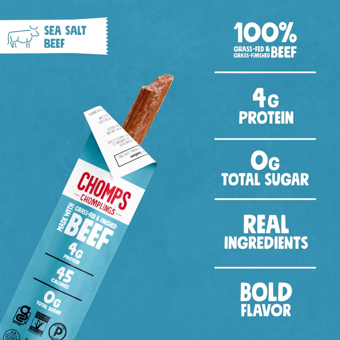Chomps grass-fed beef jerky stick in pack for quick office snacks.
