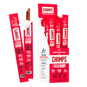 Chomps grass-fed original pack of 24 jerky sticks for easy on-the-go snacking.