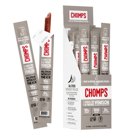 Chomps grass-fed venison jerky stick packaging highlights premium protein for on-the-go snacking.