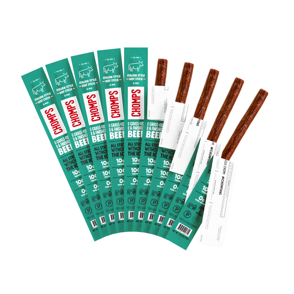 Chomps Italian Beef Stick front-pack for grab-and-go snacking
